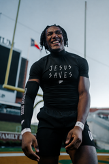 "Jesus Saves" Compression Mock Neck Short Sleeve - White
