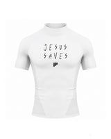 "Jesus Saves" Compression Mock Neck Short Sleeve - White